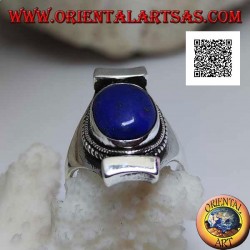 Silver ring with oval lapis lazuli surrounded by interlacing on Nepalese setting