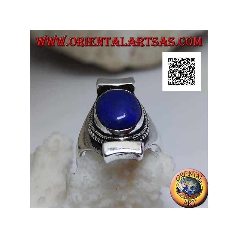 Silver ring with oval lapis lazuli surrounded by interlacing on Nepalese setting