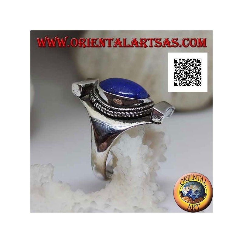 Silver ring with oval lapis lazuli surrounded by interlacing on Nepalese setting