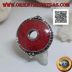 Silver ring with red coral (coral) disc surrounded by adjustable discs (freesize)