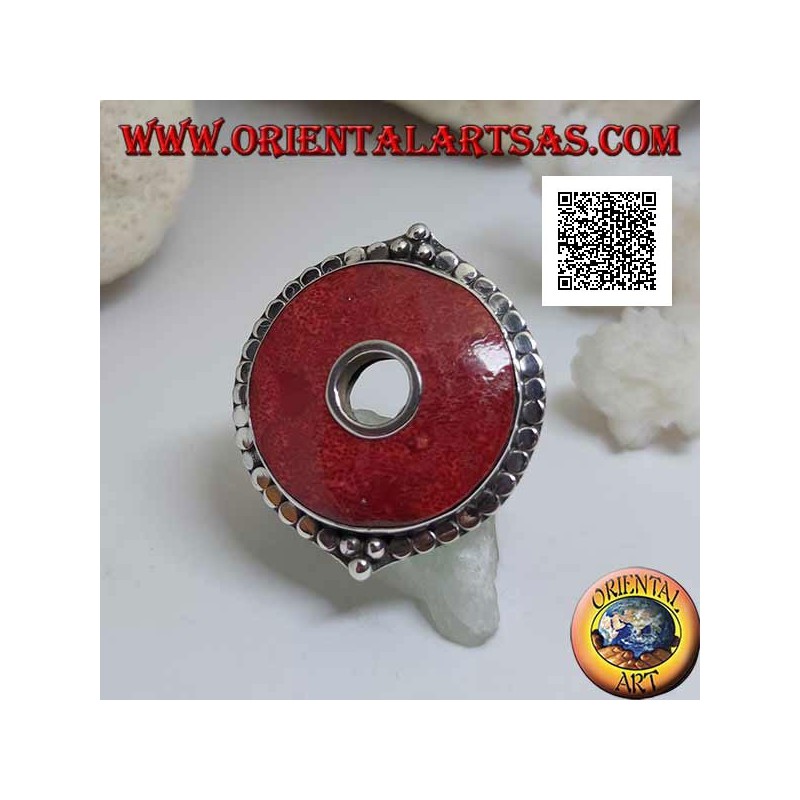 Silberring mit roter Korallenscheibe, umgeben von verstellbaren Scheiben (Freesize)