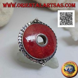 Silberring mit roter Korallenscheibe, umgeben von verstellbaren Scheiben (Freesize)