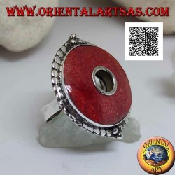 Silberring mit roter Korallenscheibe, umgeben von verstellbaren Scheiben (Freesize)