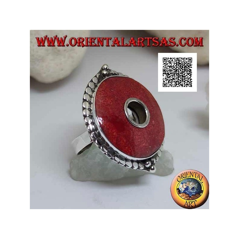 Silver ring with red coral (coral) disc surrounded by adjustable discs (freesize)