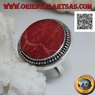 Anillo de plata con madrepora roja redonda (coral) rodeada de bolas ajustables (tamaño libre)