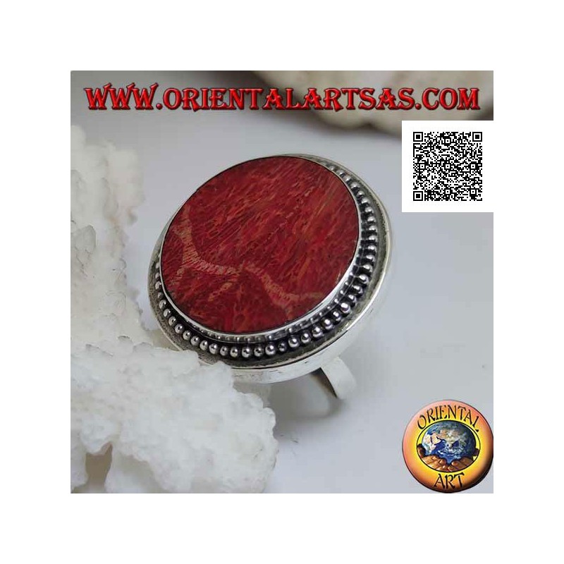 Silver ring with round red madrepora (coral) surrounded by adjustable balls (freesize)