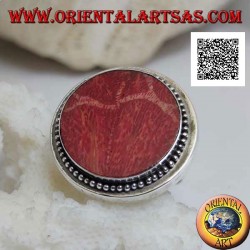Silver ring with round red madrepora (coral) surrounded by adjustable balls (freesize)