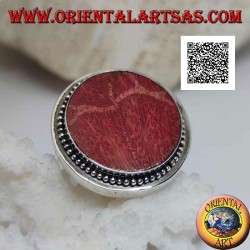 Silberring mit runder roter Madrepora (Koralle), umgeben von verstellbaren Kugeln (Freesize)