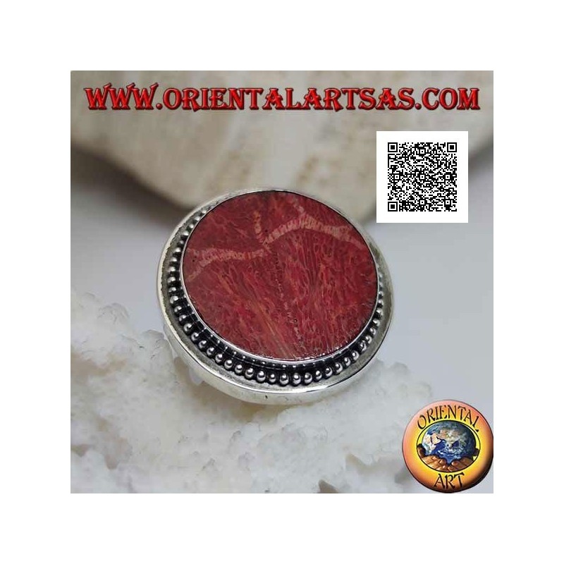 Anello in argento con madrepora rossa (corallo) tonda contornata da palline regolabile (freesize)
