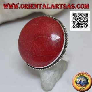 Anello in argento con madrepora rossa (corallo) tonda cabochon contornata da cordino regolabile (freesize)