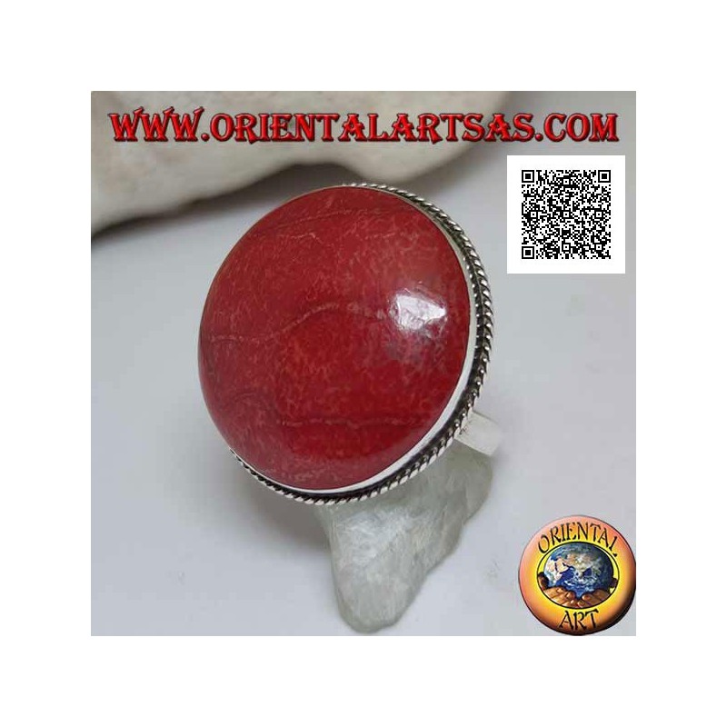 Anillo de plata con cabujón redondo de coral rojo (coral) rodeado de cordón ajustable (tamaño libre)
