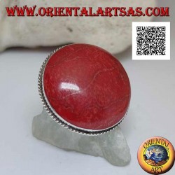 Anillo de plata con cabujón redondo de coral rojo (coral) rodeado de cordón ajustable (tamaño libre)