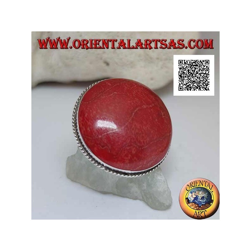 Anello in argento con madrepora rossa (corallo) tonda cabochon contornata da cordino regolabile (freesize)