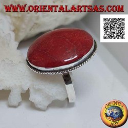 Anillo de plata con cabujón redondo de coral rojo (coral) rodeado de cordón ajustable (tamaño libre)