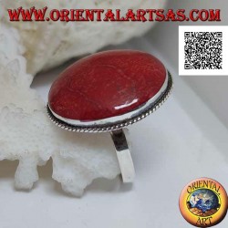 Silver ring with red coral (coral) round cabochon surrounded by adjustable cord (freesize)