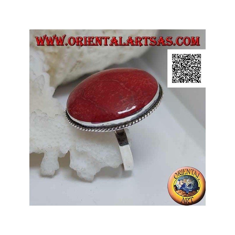 Bague en argent avec cabochon rond corail rouge (corail) entouré d'un cordon réglable (taille libre)