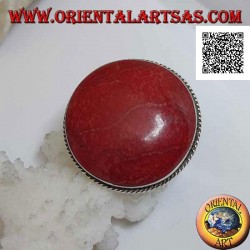 Silberring mit rundem Cabochon aus roter Koralle (Koralle), umgeben von verstellbarer Schnur (Freesize)