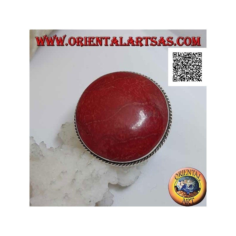 Bague en argent avec cabochon rond corail rouge (corail) entouré d'un cordon réglable (taille libre)
