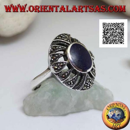 Silver ring with oval lapis lazuli on a rounded perforated oval studded with marcasite