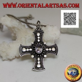 Silver pendant, Celtic cross with natural oval amethyst and discs on the arms
