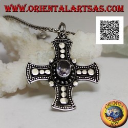 Silver pendant, Celtic cross with natural oval amethyst and discs on the arms