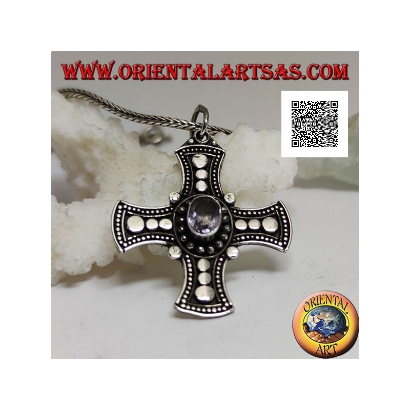 Silver pendant, Celtic cross with natural oval amethyst and discs on the arms