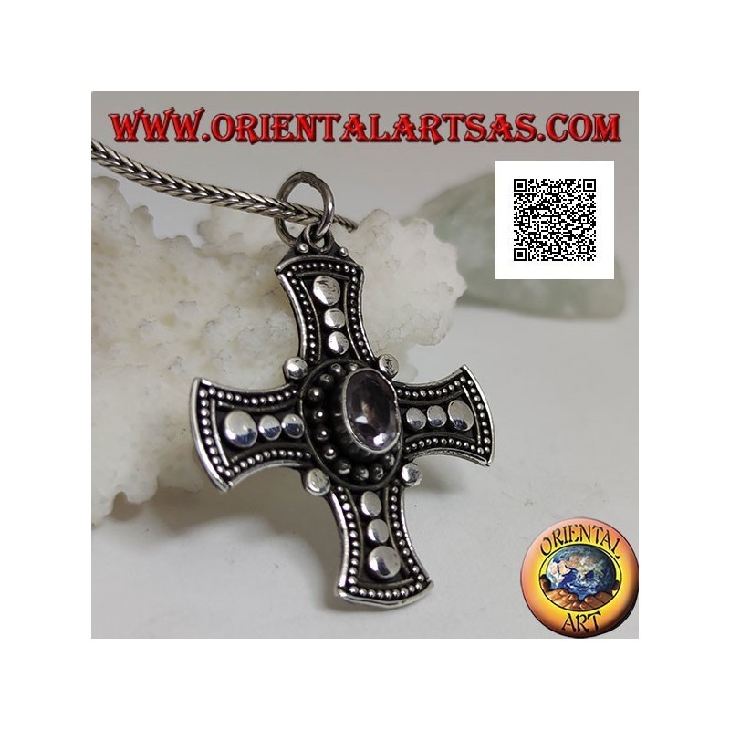 Silver pendant, Celtic cross with natural oval amethyst and discs on the arms