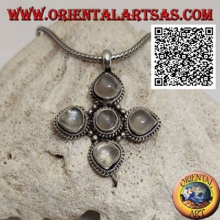 Silver pendant, Greek cross with 4 droplet adulary moonstones and a round one surrounded by weaving