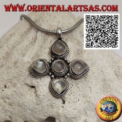 Ciondolo  in argento, croce greca con 4 pietre di luna adularia a goccia e una tonda contornate da intreccio