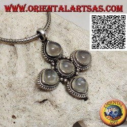 Silver pendant, Greek cross with 4 droplet adulary moonstones and a round one surrounded by weaving