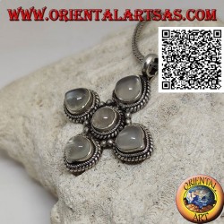 Silver pendant, Greek cross with 4 droplet adulary moonstones and a round one surrounded by weaving