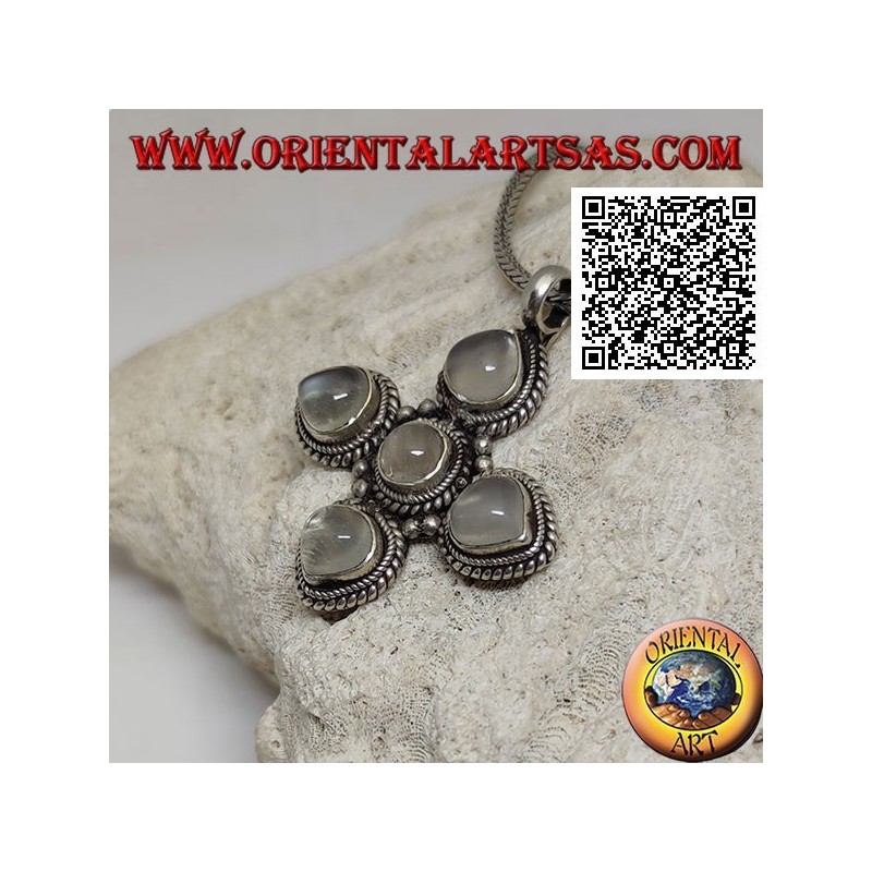 Colgante de plata, cruz griega con 4 piedras lunares adulares en forma de gota y una redonda rodeada de tejido