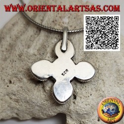 Silberanhänger, griechisches Kreuz mit 4 tropfenförmigen Mondsteinen und einem runden, von Verflechtungen umgebenen