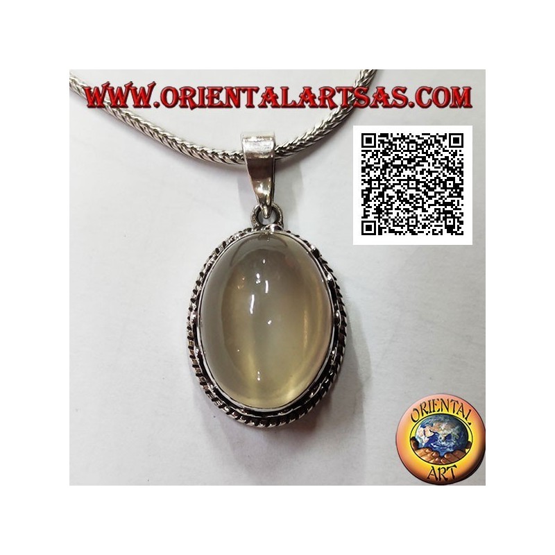 Pendentif en argent avec pierre de lune ovale cabochon entouré d'entrelacs et trio de disques