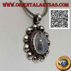 Silver pendant with an oval rainbow moonstone (adularia) surrounded by perforated discs