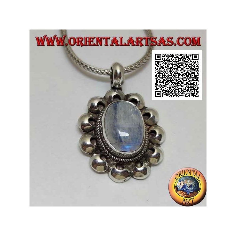 Silver pendant with an oval rainbow moonstone (adularia) surrounded by perforated discs