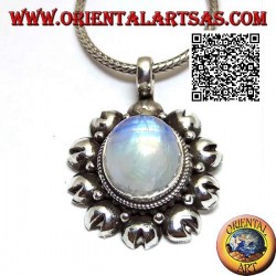 Silver pendant with an oval rainbow moonstone (adularia) surrounded by cut discs