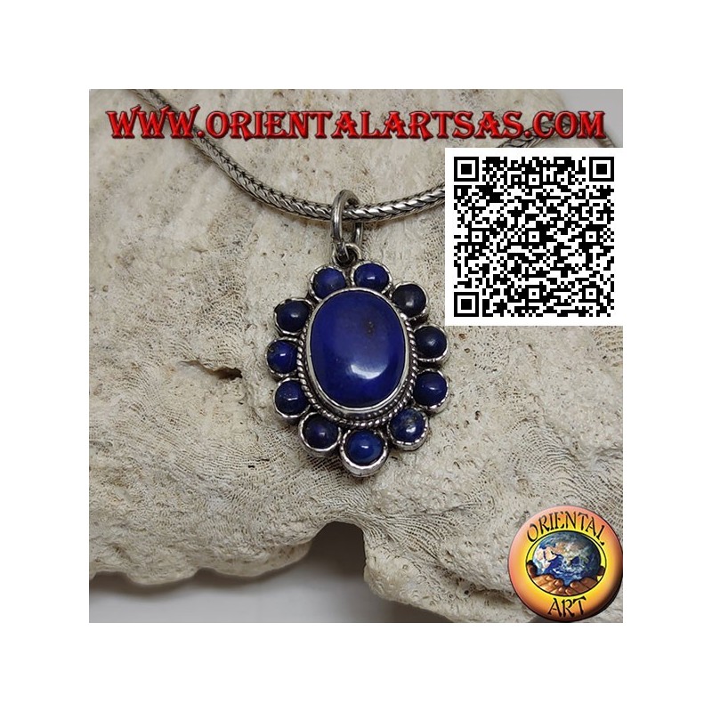 Silver flower pendant with oval cabochon lapis lazuli in the center and round petals