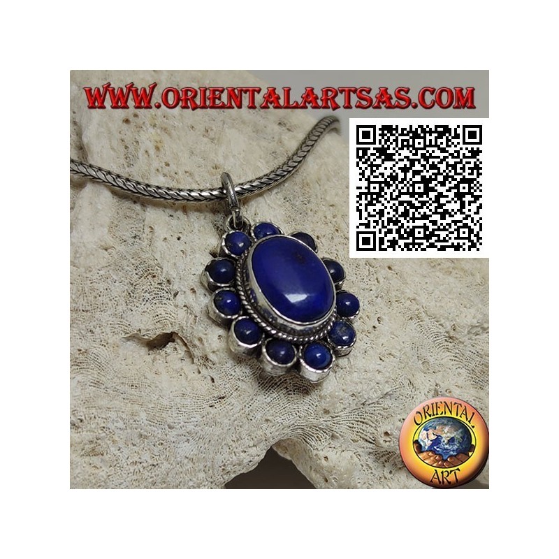 Pendentif fleur en argent avec cabochon ovale lapis lazuli au centre et pétales ronds