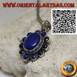 Silver flower pendant with oval cabochon lapis lazuli in the center and round petals