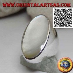 Silver ring with large oval mother-of-pearl flush with the edge on a smooth setting