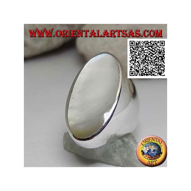 Silver ring with large oval mother-of-pearl flush with the edge on a smooth setting