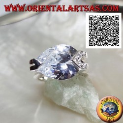 Rhodium silver ring with faceted white teardrop zircon with white zircons on a hook