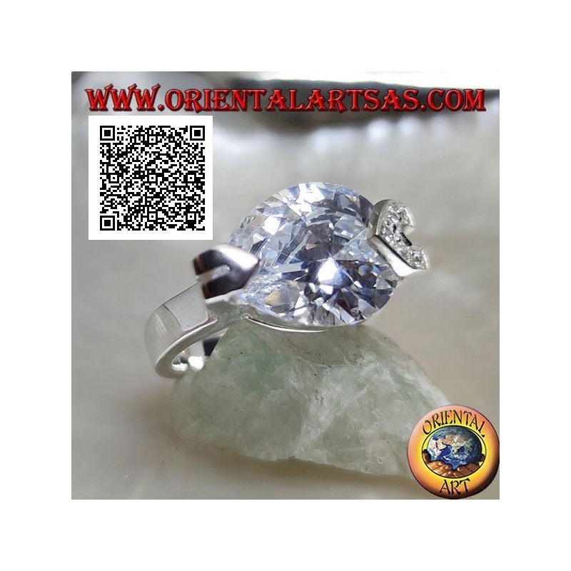 Bague en argent rhodié avec zircon larme facetté blanc avec zircons blancs sur un crochet