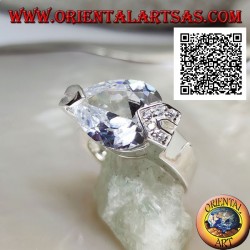 Rhodium silver ring with faceted white teardrop zircon with white zircons on a hook