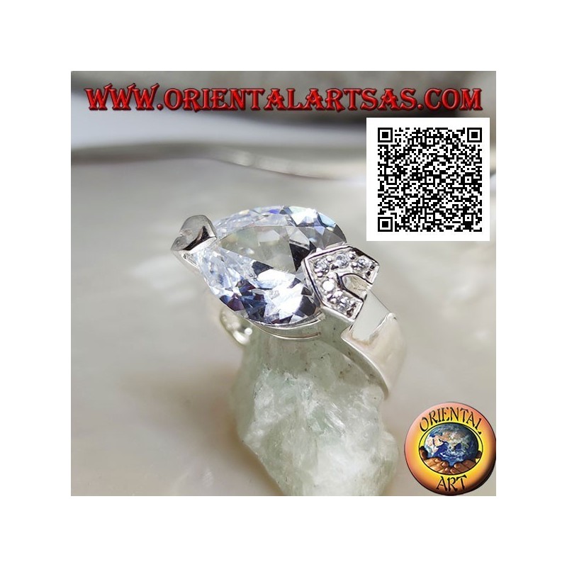 Rhodium silver ring with faceted white teardrop zircon with white zircons on a hook