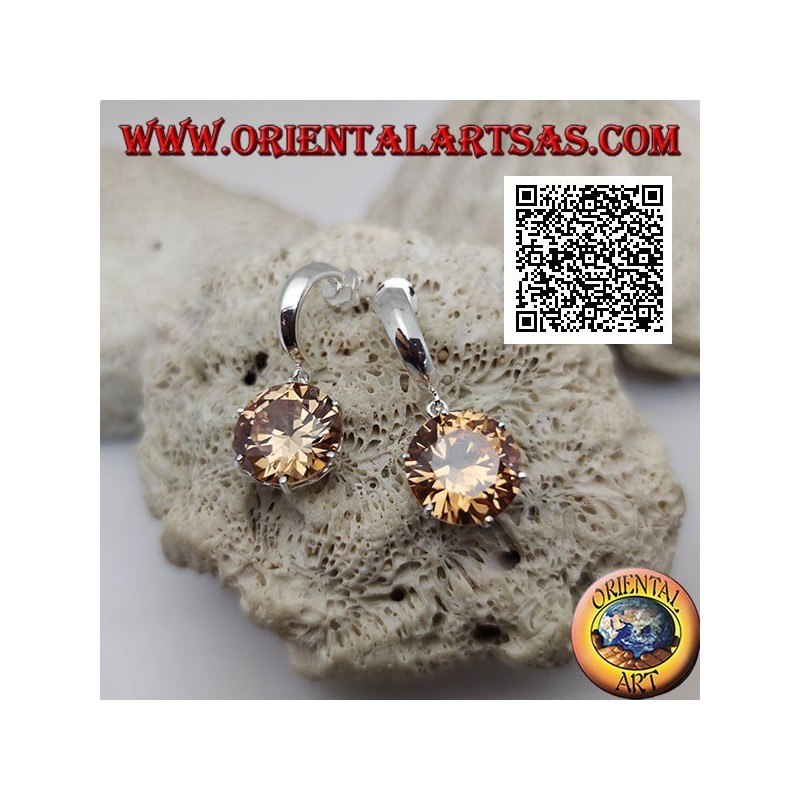 Smooth wide semicircle lobe silver earrings with large round faceted pendant champagne zircon