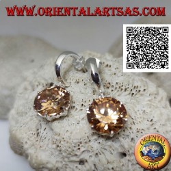 Smooth wide semicircle lobe silver earrings with large round faceted pendant champagne zircon