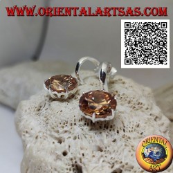 Pendientes de plata con lóbulo de semicírculo ancho liso con gran colgante redondo facetado de circonita champán