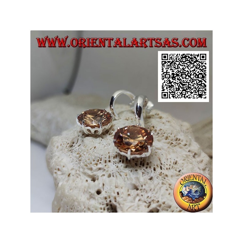 Boucles d'oreilles en argent lobe large demi-cercle et grand pendentif rond à facettes champagne zircon